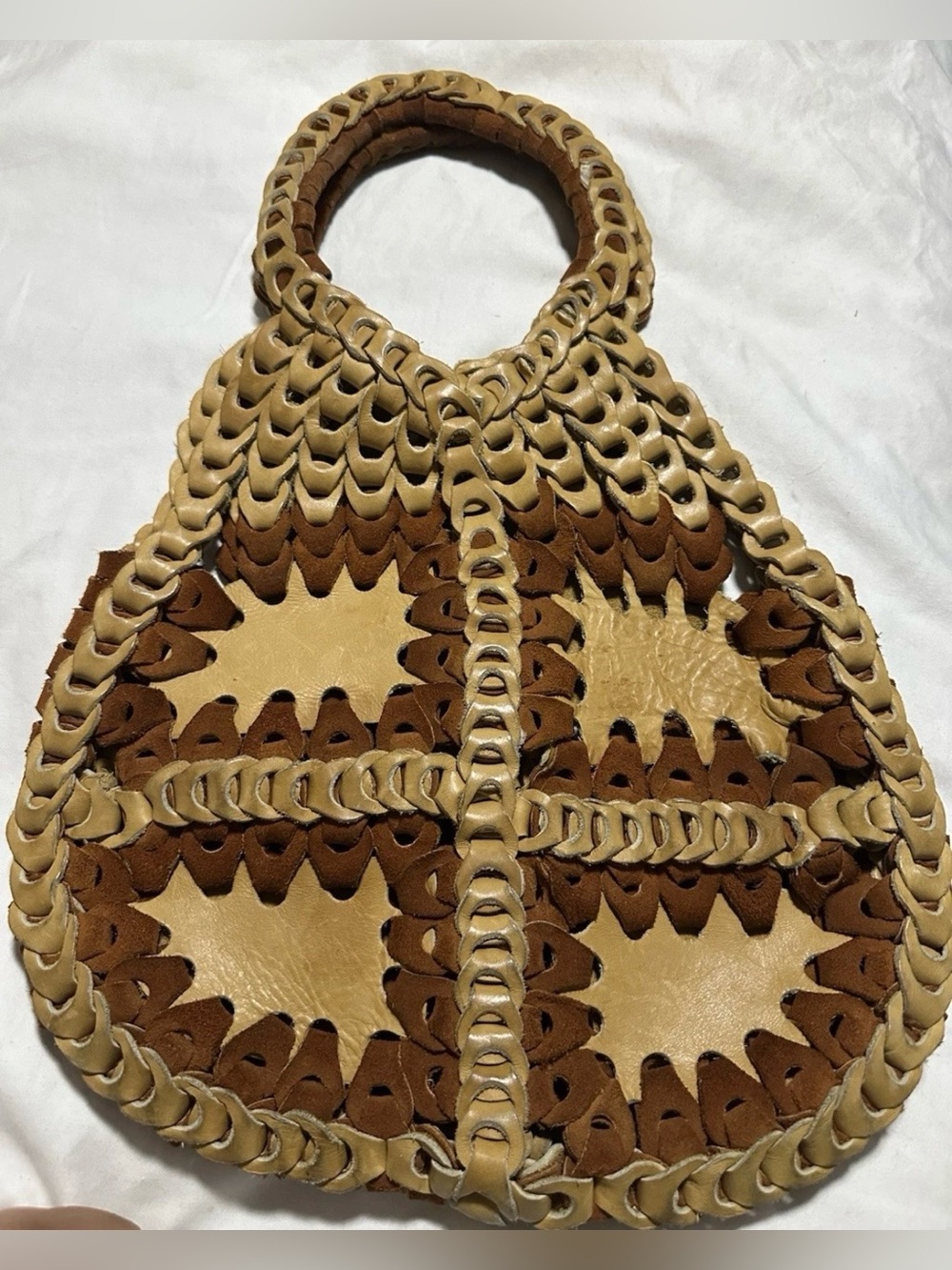 Vintage 70s Boho Leather Tan And Brown Woven Chain Link Handbag Purse Rare